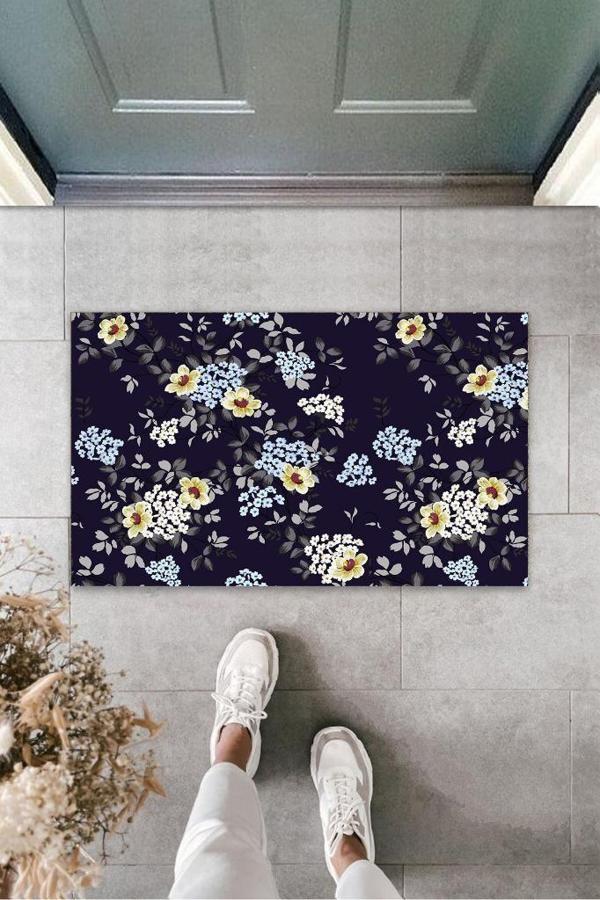 Büro Ev Ofis Dekoru için Modern Kapı Önü Paspas Lacivert Minik Çiçekler - Image 1