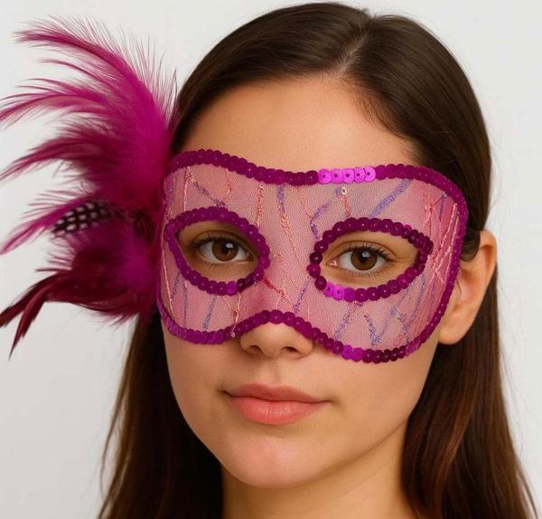 Büro Ev Ofis Gösteri Parti Kostümü için 23X12CM Fuşya Yandan Tüylü Pul Payet İşlemeli Maske - Image 1