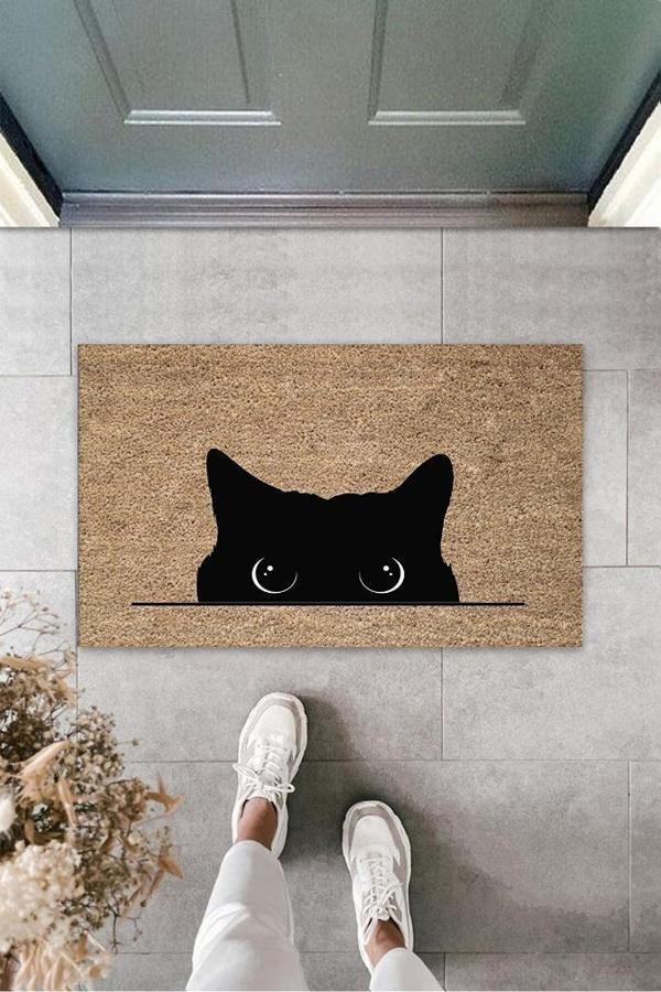 Büro Ev Ofis Dış Mekan Kapı Önü için Kara Kedi Bej Kapı Paspası - Image 1