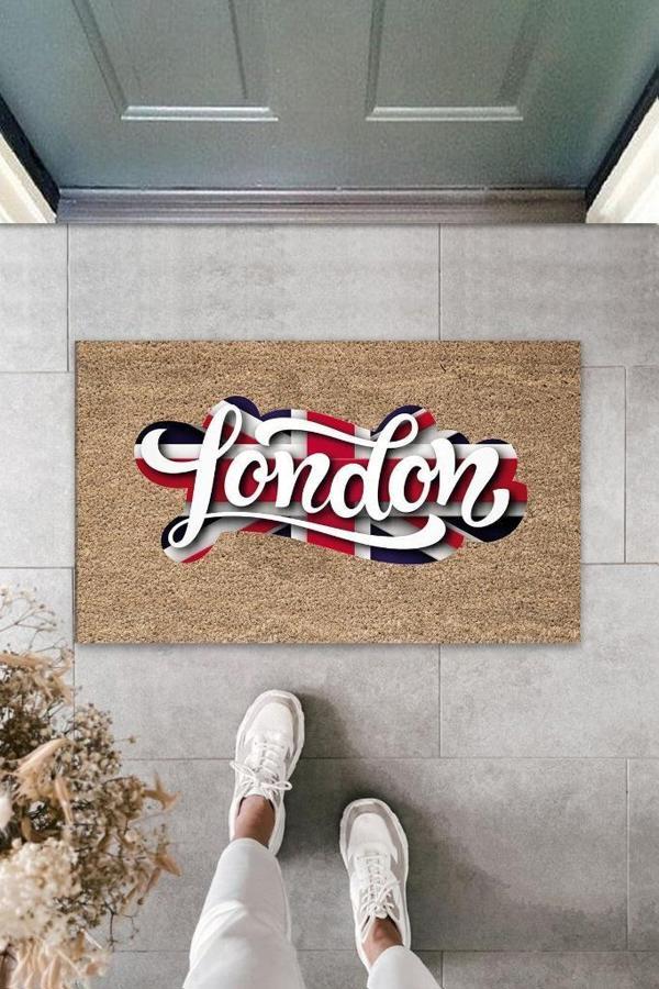 Büro Ev Ofis Dekoru için Dijital Baskı Bej London Bayrak Kapı Önü Paspas - Image 1