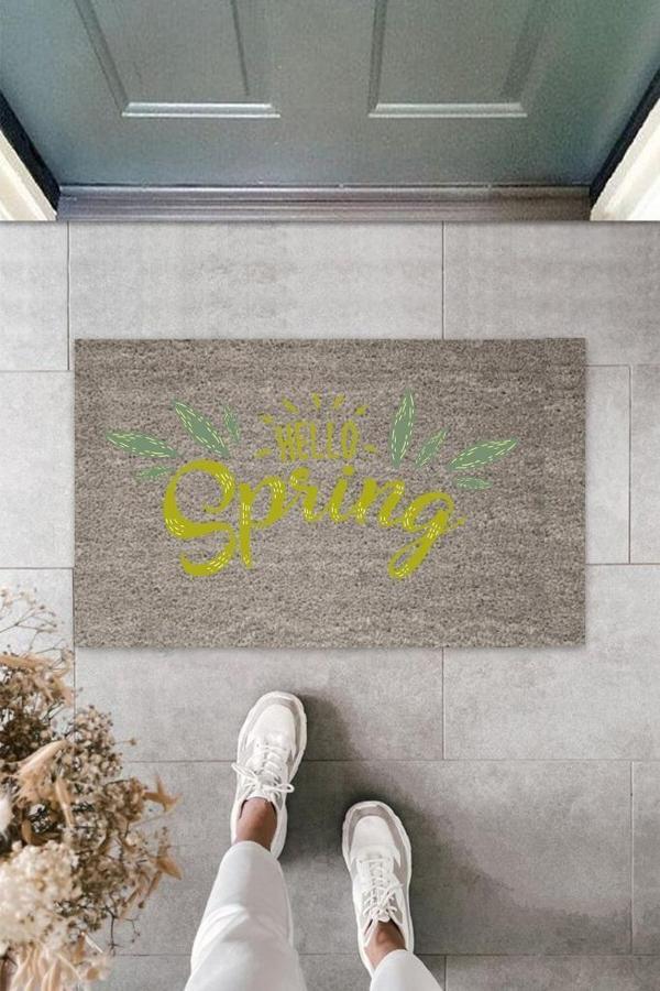 Büro Ev Ofis Kapı Önü için Baskı Gri Hello Spring Kapı Paspası - Image 1