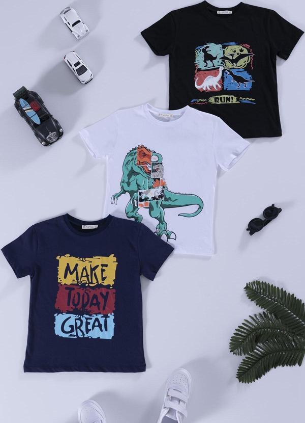 3'lü Dinazor Baskılı Siyah Lacivert Beyaz Tshirt - Image 1