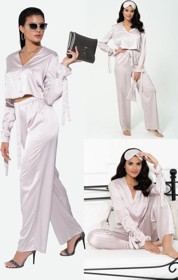 5'li İçeride&Dışarıda Kol Baglama Detaylı Gri Pijama Takım - Image 1