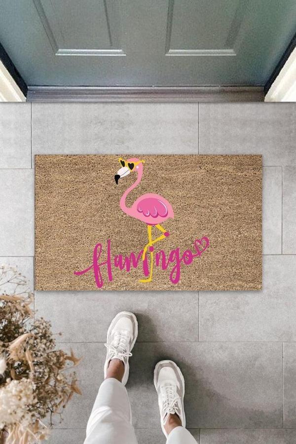 Büro Ev Ofis Dış Mekan Kapı Önü için Pembe Flamingo Bej Kapı Paspası - Image 1