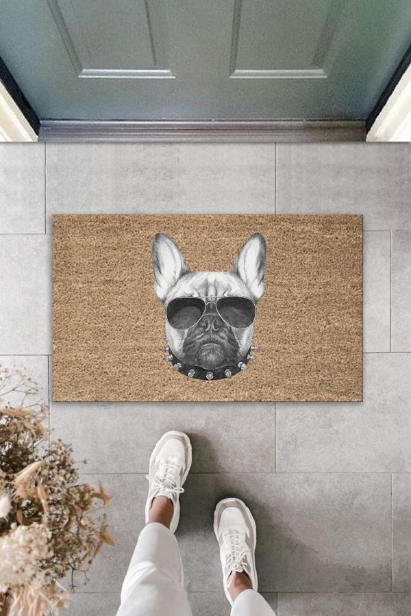 Büro Ev Ofis Kapı Önü için Baskı Kahve Güneş Gözlük Tasmalı Köpek Motifli Paspas - Image 1