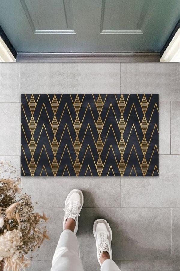 Büro Ev Ofis Dekoru için Modern Kapı Önü Paspas Golden Siyah Zigzag - Image 1