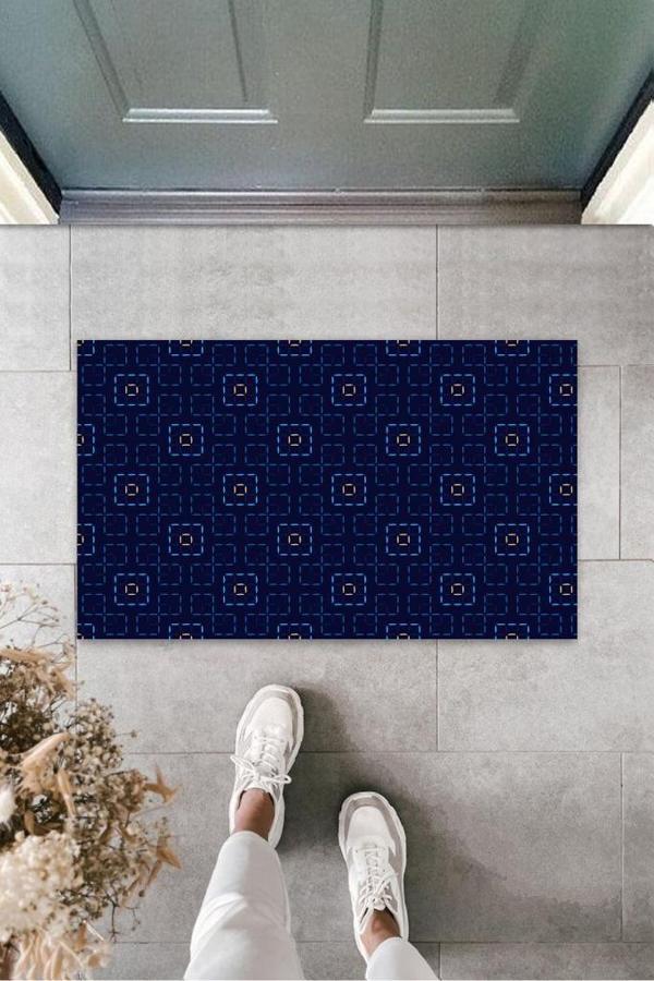 Büro Ev Ofis Dekoru için Modern Kapı Önü Paspas Lacivert Geometrik - Image 1