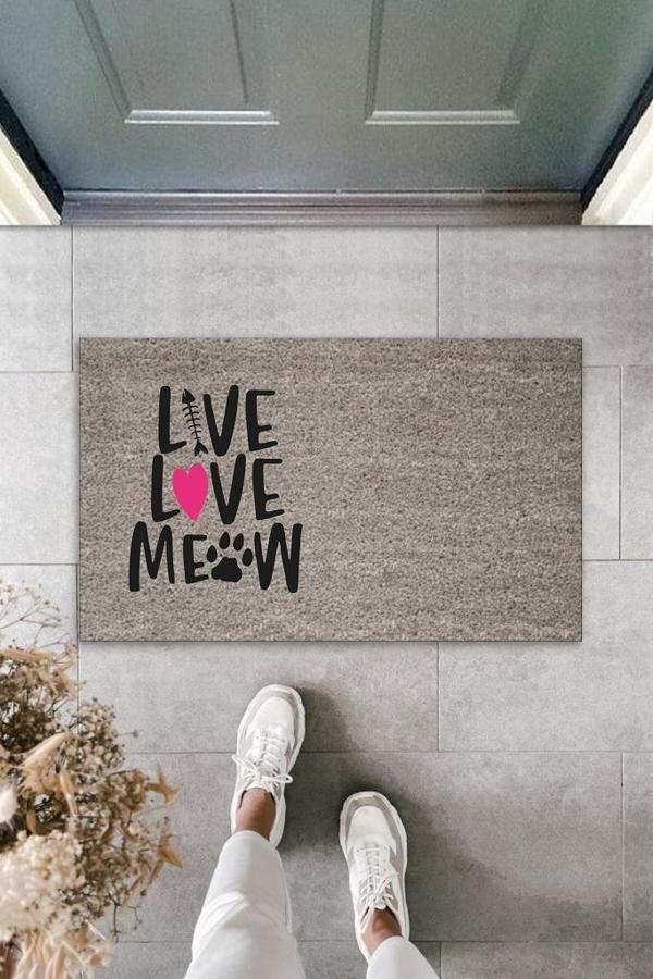 Büro Ev Ofis Kapı Önü için Baskı Gri Pembe Kalpli Kılçıklı Love Meow Motifli Paspas - Image 1