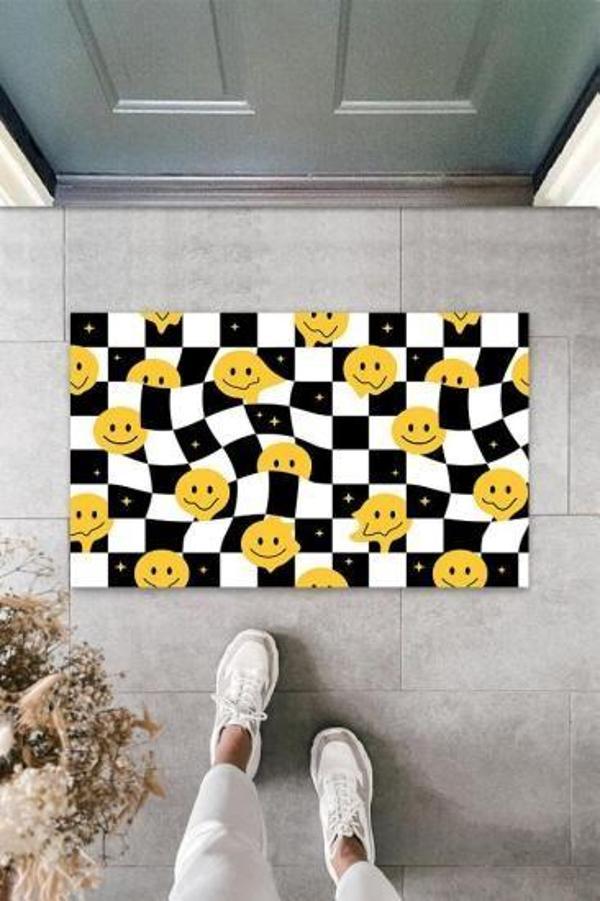 Büro Ev Ofis Dekoru için Dijital Dış Mekan Kapı Önü Paspası Gülen Emojiler Sarı Siyah Stil - Image 1