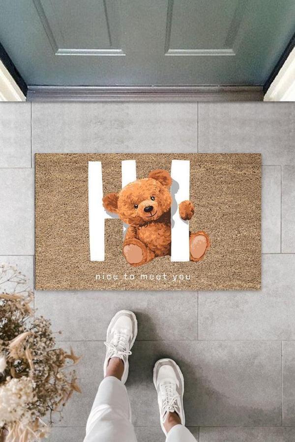 Büro Ev Ofis Dekoru için Dijital Dış Mekan Kapı Önü Paspası Nice To Meet You Ayıcık Bej Stil - Image 1