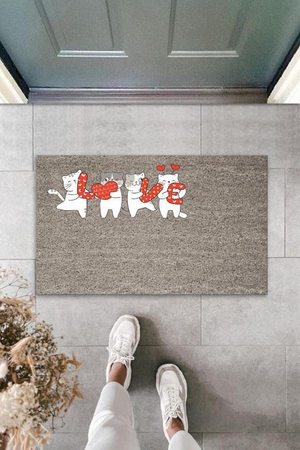 Büro Ev Ofis Kapı Önü için Baskı Gri Love Harfleri Beyaz Kediler Dekor Paspas - Image 1