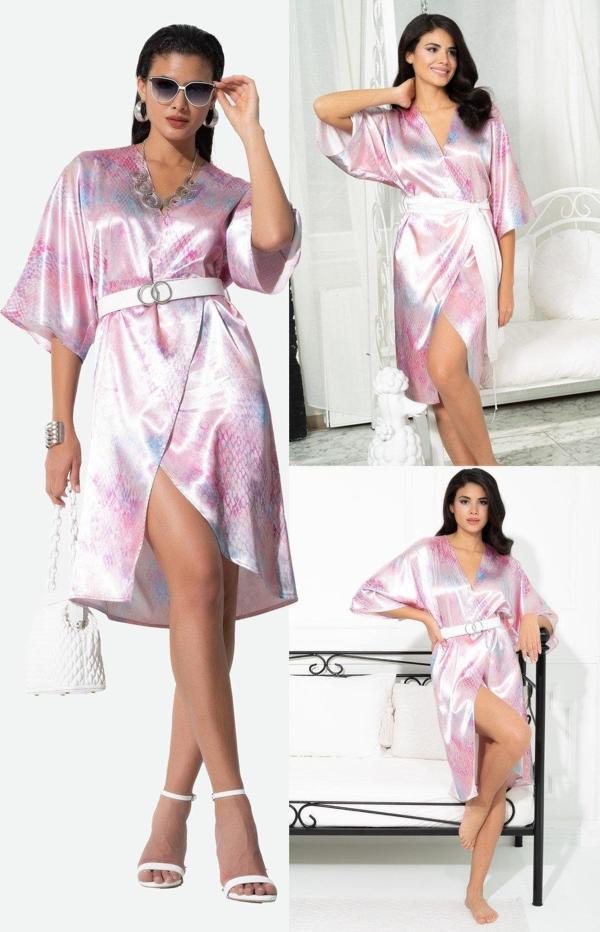 V Yaka Yılan Desen Kemerli Pembe Sabahlık Elbise - Image 1