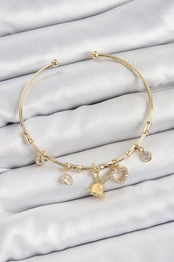 Zarif Kadın için Golden Pirinç Zirkonlu Tavşan Kalp Stil Charm Bileklik - Image 1