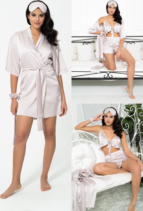 6'lı Sabahlıklı Taş Saten Pijama Şort Takımı - Image 1