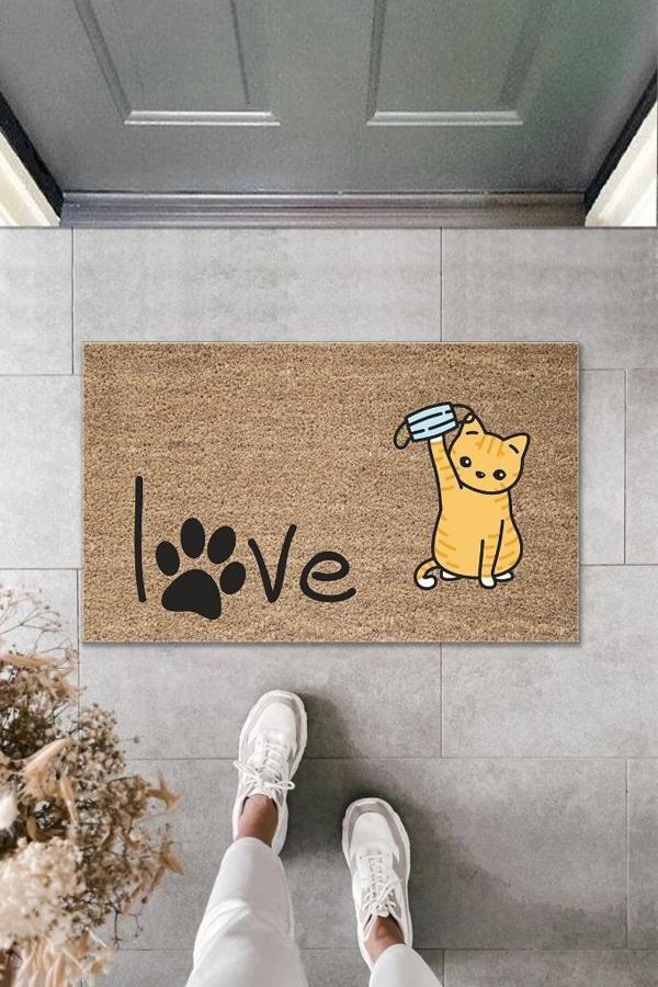 Büro Ev Ofis Kapı Önü için Baskı Kahve Patili Love Yazılı Maskeli Kedi Dekor Paspas - Image 1