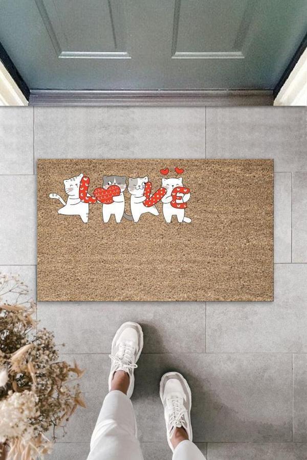 Büro Ev Ofis Kapı Önü için Baskı Kahve Love Beyaz Kediler Dekor Paspas - Image 1
