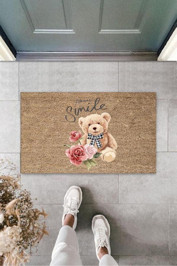 Büro Ev Ofis Dış Mekan Kapı Önü için Please Smile Ayıcık Bej Kapı Paspası - Image 1