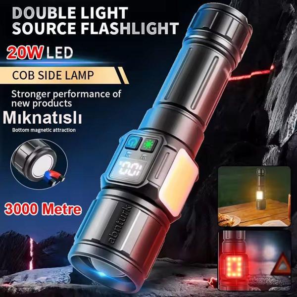 Ultra Yüksek Güçlü Powerbank 3km Menzilli Şarjlı Metal El Feneri 8 Fonksiyon Işıldak Zoomlu SOS Aydınlatıcı - Image 1