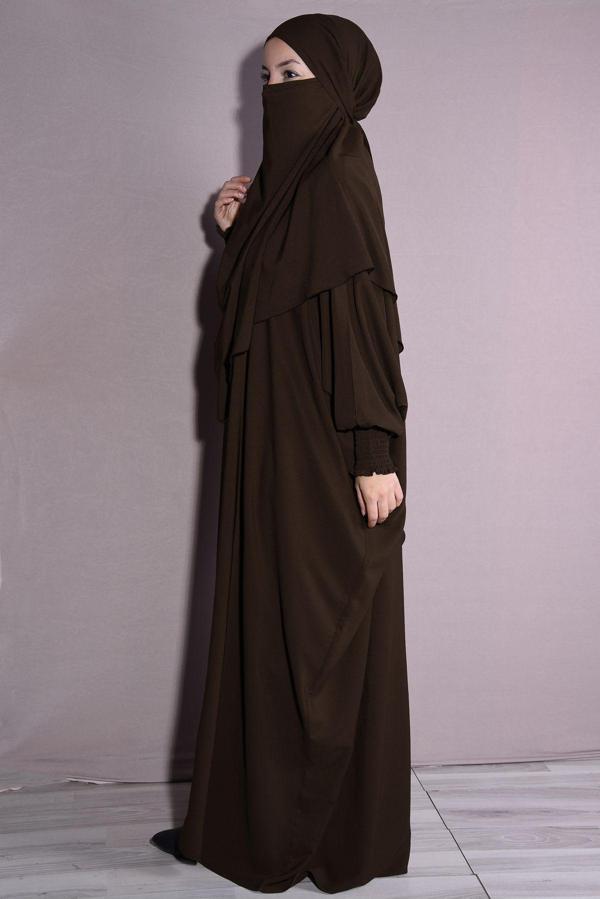 Nowa Scarf Tesettür Medine İpeği Elbise Sufle İkili Takım Acı Kahve - Image 1