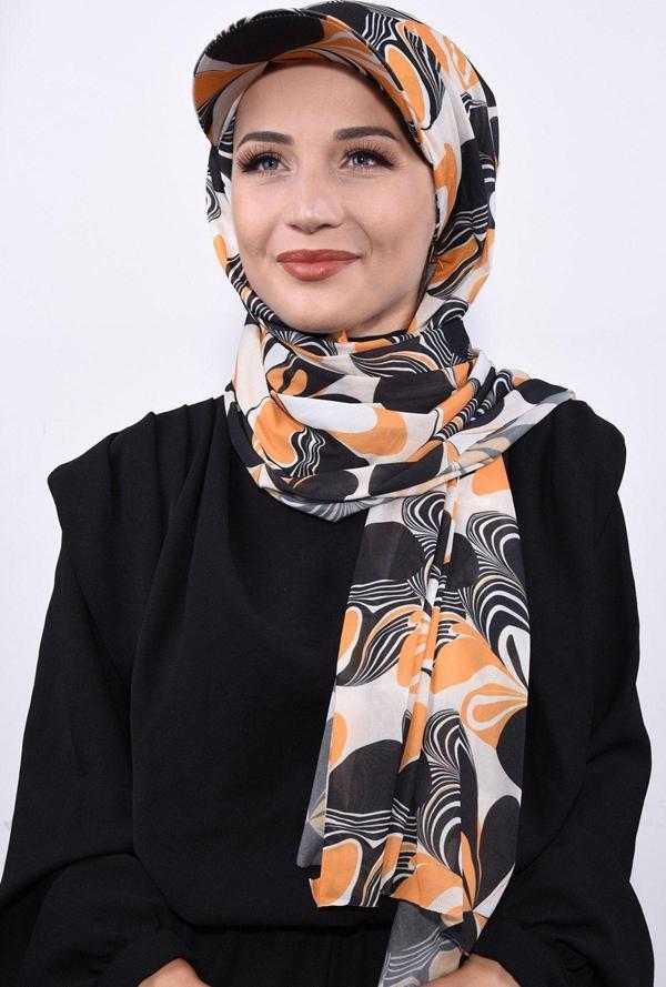 Nowa Scarf Şapkalı Desenli Şal Turuncu - Image 1