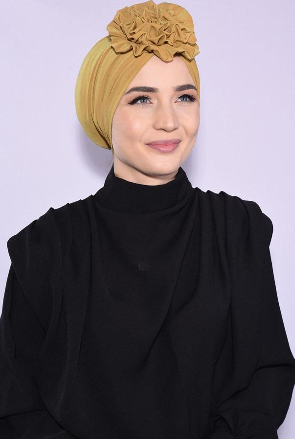 Nowa Scarf Güllü Çift Taraflı Büzgülü Bone Hardal Sarısı - Hardal - Image 1