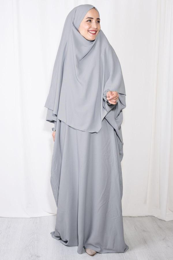 Nowa Scarf Tesettür Medine İpeği Elbise Sufle İkili Takım Gri - Image 1