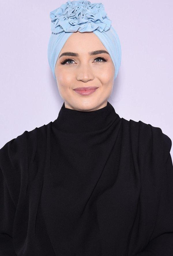 Nowa Scarf Güllü Büzgülü Çift Taraflı Bone Bebe Mavisi - Bebe Mavisi - Image 1