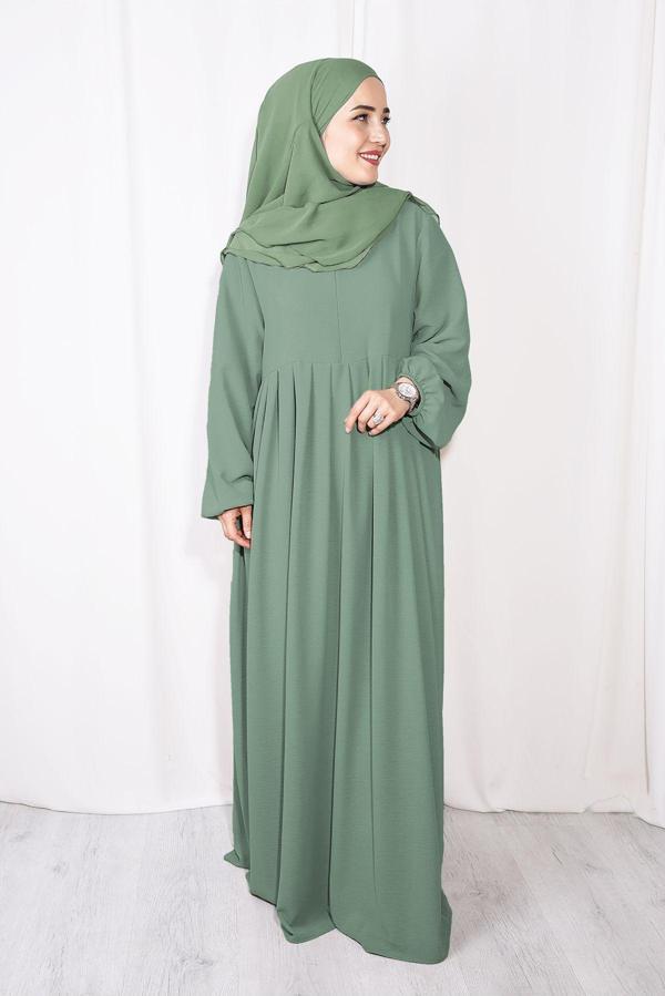Nowa Scarf Tesettür Ferace/Elbise Pileli Fermuarlı Aerobin Kumaş Soft Yeşil - Image 1