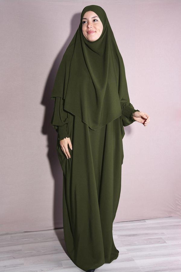 Nowa Scarf Tesettür Şal Ve Elbise İkili Takım Haki Yeşili - Image 1