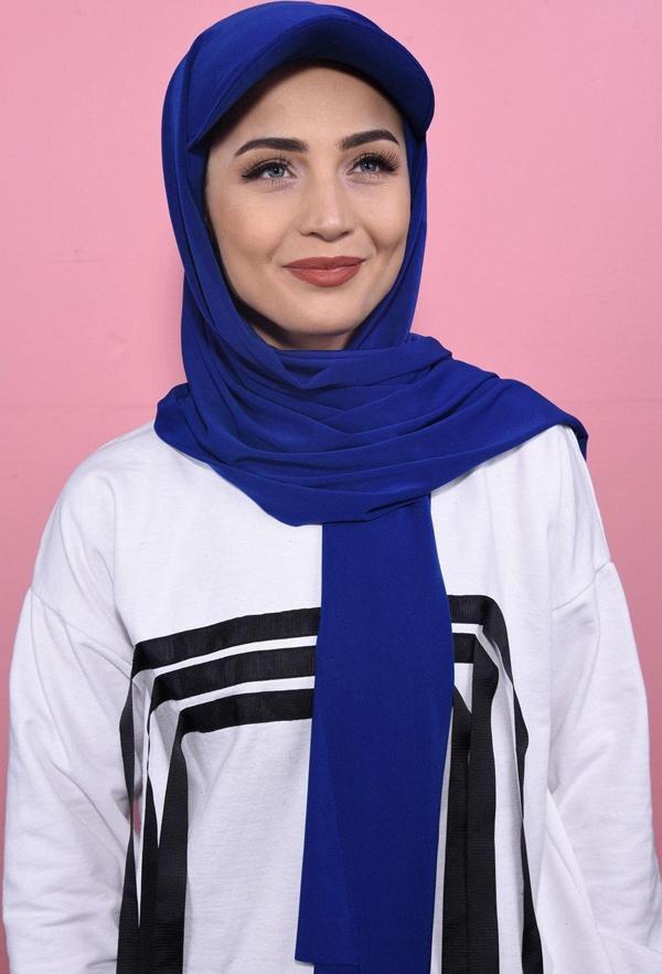 Nowa Scarf Şapka Şal Yazlık Boneli Tesettür Model Saks Mavisi - Image 1