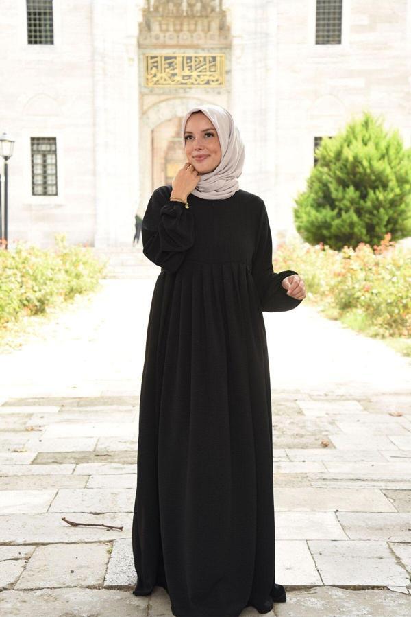 Nowa Scarf Pileli Fermuarlı Aerobin Kumaş Tesettür Ferace/Elbise - Siyah - Image 1