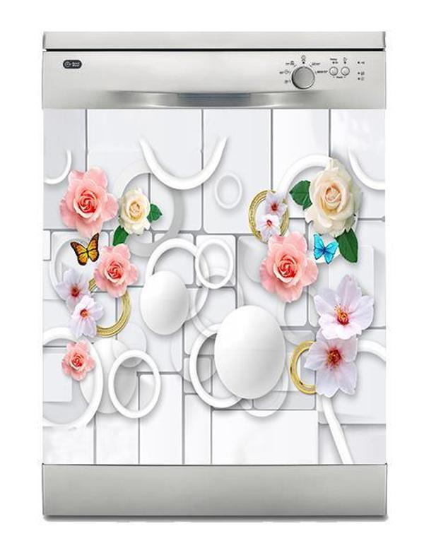 Bulaşık Makinesi Sticker Kaplama Beyaz Eşya Kaplama Gül Kelebek Yuvarlak - Image 1