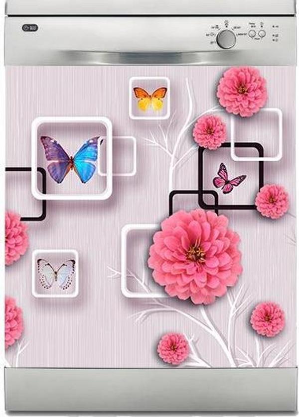 Bulaşık Makinesi Sticker Kaplama Beyaz Eşya Kaplama Pembe Çiçek Kelebekler - Image 1