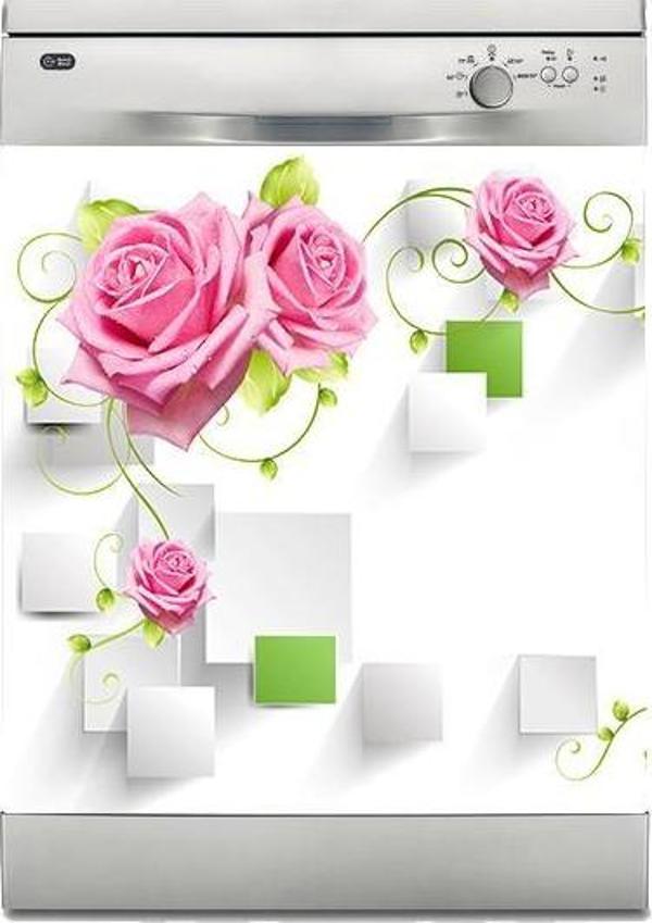 Bulaşık Makinesi Sticker Kaplama Beyaz Eşya Kaplama Pembe Gül Yeşil - Image 1