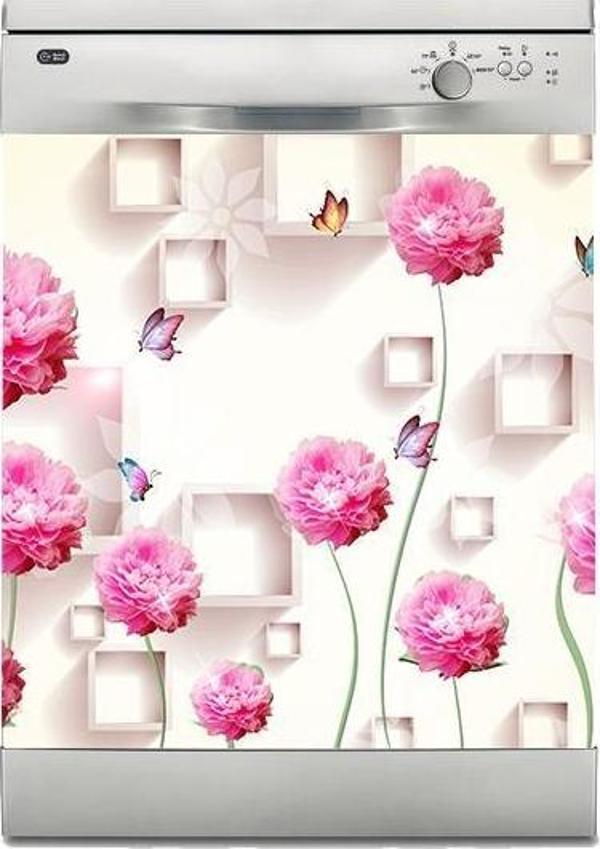 Bulaşık Makinesi Sticker Kaplama Beyaz Eşya Kaplama Pembe Şakayıklar - Image 1