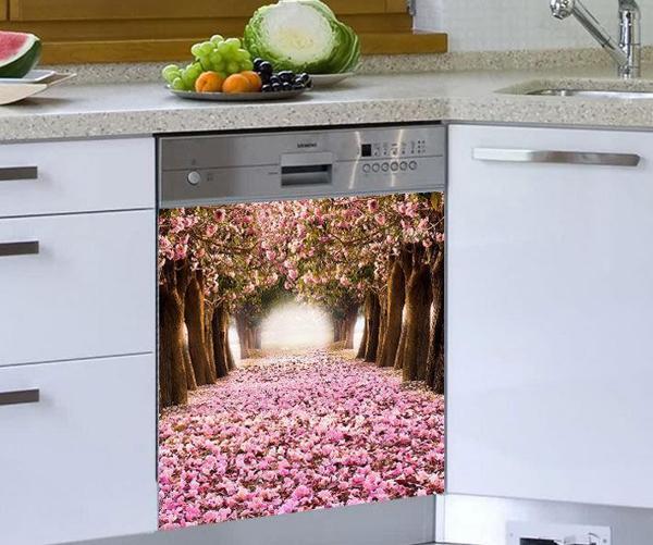 Bulaşık Makinesi Sticker Kaplama Beyaz Eşya Kaplama Pembe Yapraklar - Image 1