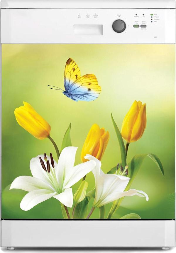 Bulaşık Makinesi Sticker Kaplama Beyaz Eşya Kaplama Sarı Lale Kelebek - Image 1