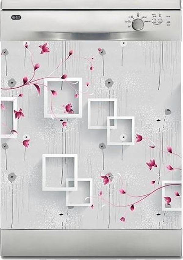 Bulaşık Makinesi Sticker Kaplama Beyaz Eşya Kaplama Beyaz Kare Pembe Çiçek - Image 1