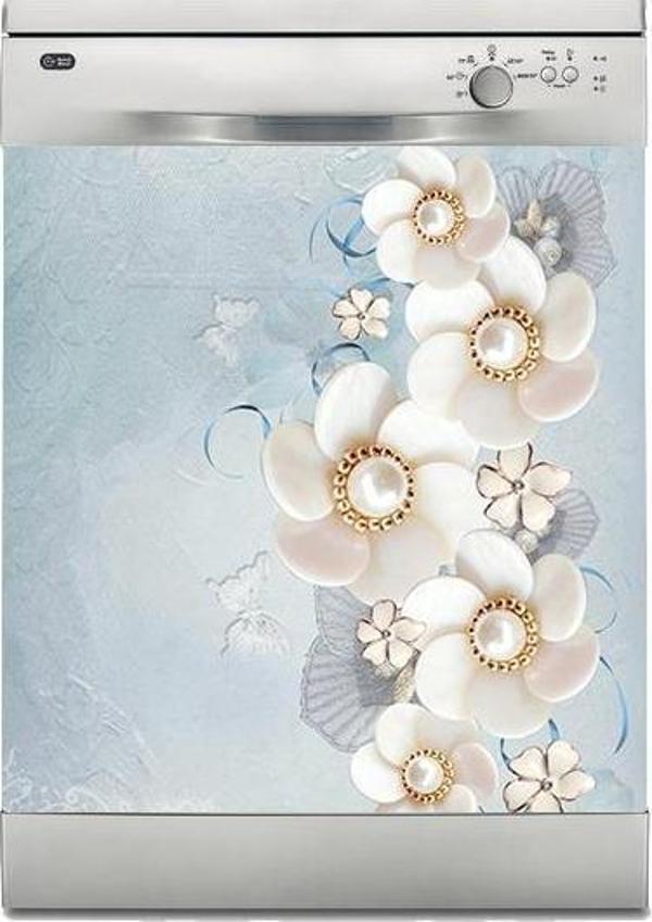 Bulaşık Makinesi Sticker Kaplama Beyaz Eşya Kaplama 3D Beyaz Çiçekler - Image 1