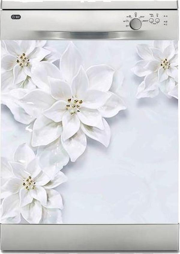 Bulaşık Makinesi Sticker Kaplama Beyaz Eşya Kaplama 3D Beyaz Yapraklar - Image 1