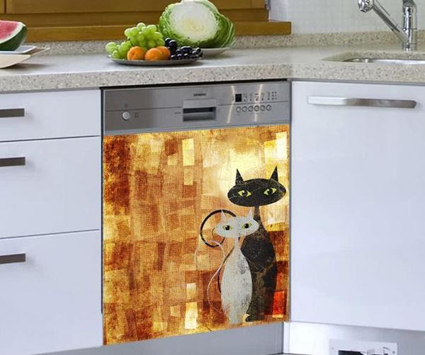 Bulaşık Makinesi Sticker Kaplama Beyaz Eşya Kaplama Siyah Beyaz Kediler - Image 1