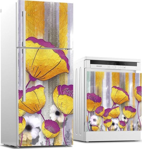 Buzdolabı ve Bulaşık Makinası Beyaz Eşya Sticker Kaplama 3D Golden Flowers - Image 1