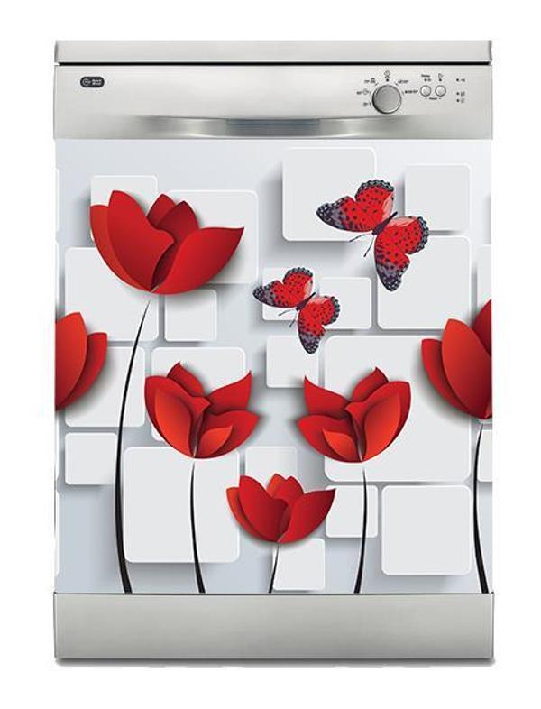 Bulaşık Makinesi Sticker Kaplama Beyaz Eşya Kaplama Kırmızı Çiçek Kelebek - Image 1