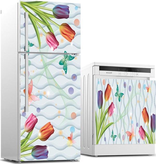 Buzdolabı ve Bulaşık Makinası Beyaz Eşya Sticker Kaplama 3D Lale Kelebek - Image 1