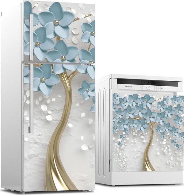Buzdolabı ve Bulaşık Makinası Beyaz Eşya Sticker Kaplama 3d Mavi Yaprak - Image 1