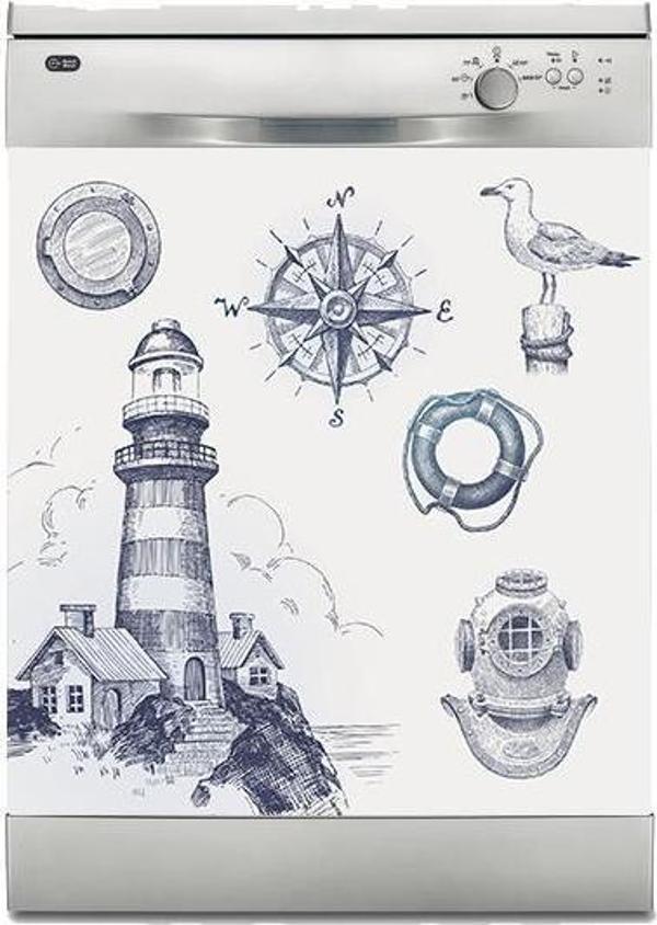 Bulaşık Makinesi Sticker Kaplama Beyaz Eşya Kaplama Deniz Feneri Pusula - Image 1