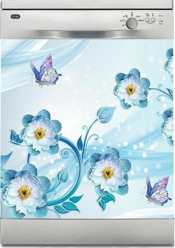 Bulaşık Makinesi Sticker Kaplama Beyaz Eşya Kaplama 3D Mavi Kelebek Çiçek - Image 1
