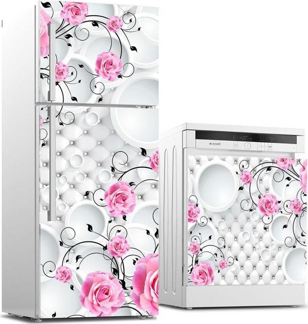 Buzdolabı ve Bulaşık Makinası Beyaz Eşya Sticker Kaplama 3D Pembe Gül - Image 1