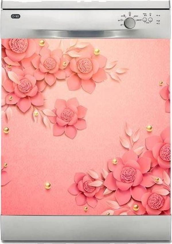 Bulaşık Makinesi Sticker Kaplama Beyaz Eşya Kaplama 3D Pembe Gül - Image 1