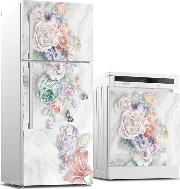 Buzdolabı ve Bulaşık Makinası Beyaz Eşya Sticker Kaplama Çiçekler ve Kelebek - Image 1